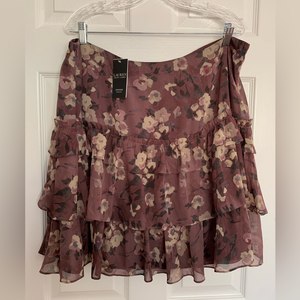 NWT Ralph Lauren Tiered Skirt: Mauve Floral w/Purple Undertone Lined Zip 14W